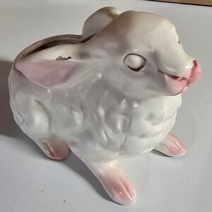 Vintage White Bunny Rabbit Planter Pink Accents Ceramic Easter Decor
